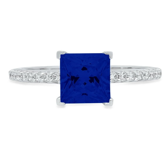 1.62 ct Princess Cut Simulated Blue Sapphire Solitaire with Simulated Diamond Accents 18K White Gold Womens Engagement Ring