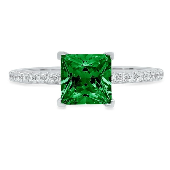 1.62 ct Princess Cut Simulated Emerald Solitaire with Simulated Diamond Accents 18K White Gold Womens Engagement Ring