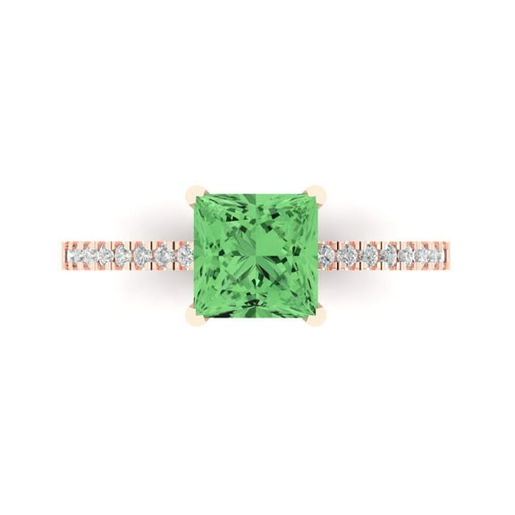 1.62 ct Princess Cut Simulated Green Diamond Solitaire with Accents Engagement Ring for Women in 18K Rose Gold