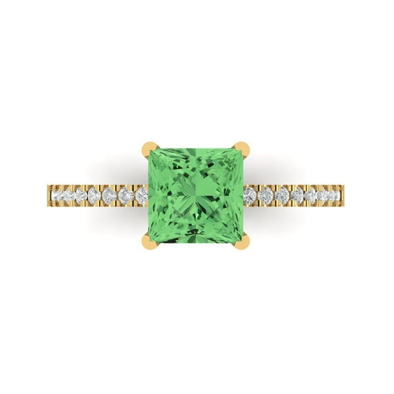 1.62 ct Princess Cut Simulated Green Diamond Solitaire with Accents Engagement Ring for Women in 18K Yellow Gold