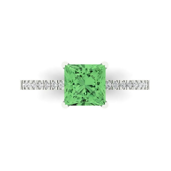 1.62 ct Princess Cut Simulated Green Diamond Solitaire with Simulated Diamond Accents 18K White Gold Womens Engagement Ring