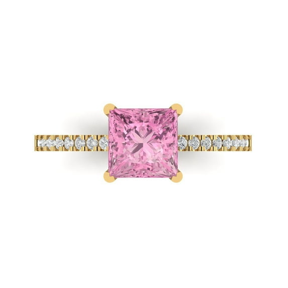 1.62 ct Princess Cut Simulated Pink Diamond Solitaire with Simulated Diamond Accents 18K Yellow Gold Womens Engagement Ring