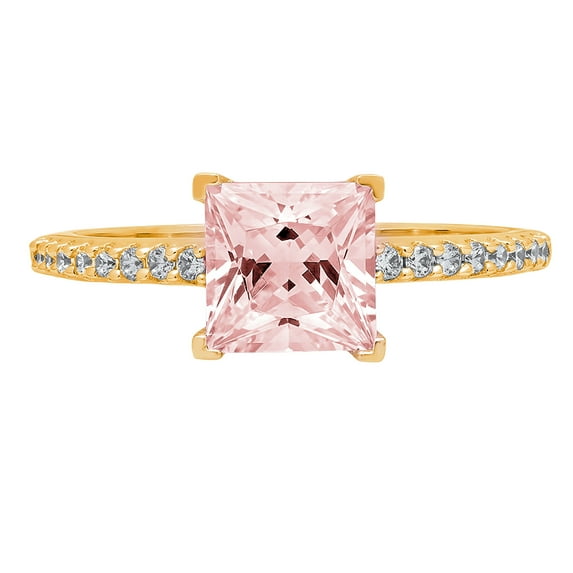 1.62 ct Princess Cut Simulated Pink Diamond Solitaire with Simulated Diamond Accents 18K Yellow Gold Womens Engagement Ring