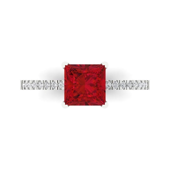 Clara Pucci 14K White Gold Solid Gold Ruby Solitaire with Accents Anniversary Ring for Women - 1.62 cttw Princess Cut