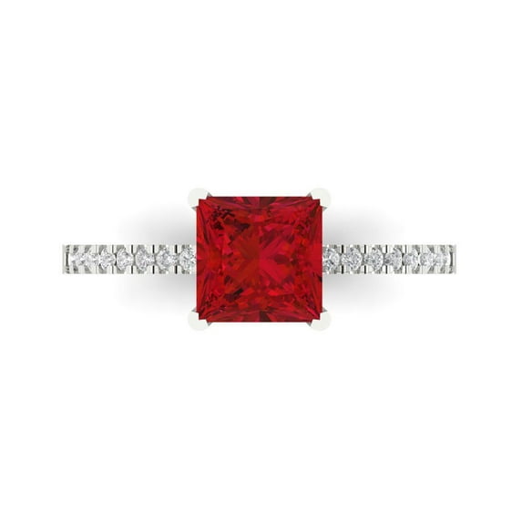 1.62 ctw Solitaire with Zirconia Diamond Accents Anniversary Ring for Women | Princess Cut Simulated Ruby | Hyperallergenic Solid 18K White Gold