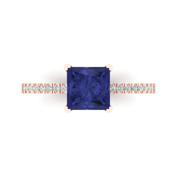 1.62 ct Princess Cut Simulated Tanzanite Solitaire with Simulated Diamond Accents 18K Rose Gold Womens Engagement Ring