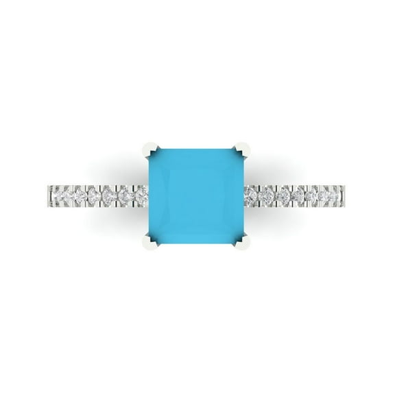 1.62 ct Princess Cut Simulated Turquoise Solitaire with Accents Engagement Ring for Women in 14K White Gold