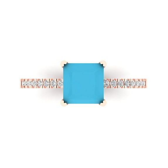 Clara Pucci 14K Rose Gold Solid Gold Turquoise Solitaire with Accents Anniversary Ring for Women - 1.62 cttw Princess Cut