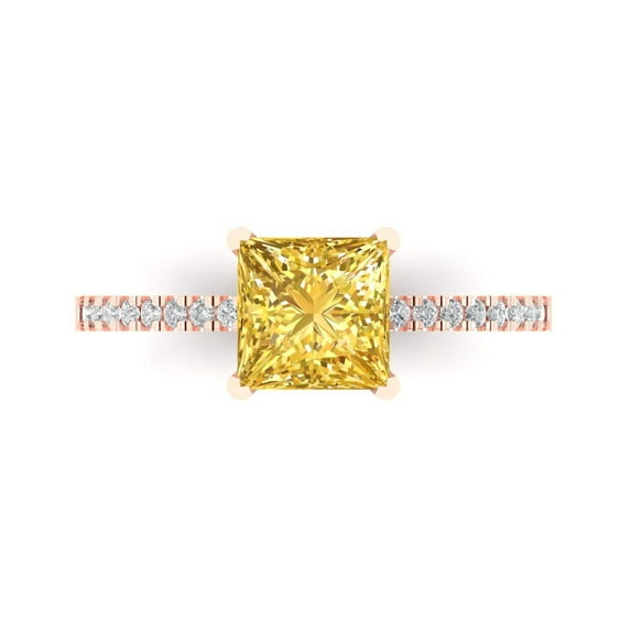 Clara Pucci 14K Rose Gold Solid Gold Yellow Solitaire with Accents Anniversary Ring for Women - 1.62 cttw Princess Cut