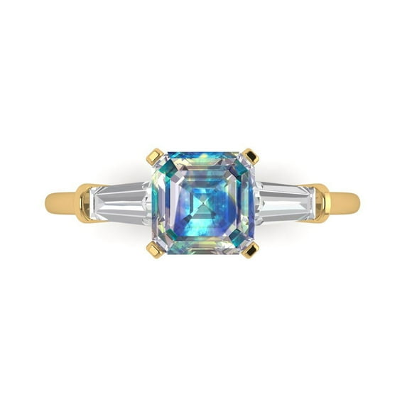 1.62 ct Square Emerald Cut Blue Moissanite Three-Stone Engagement Ring for Women in 18K Yellow Gold