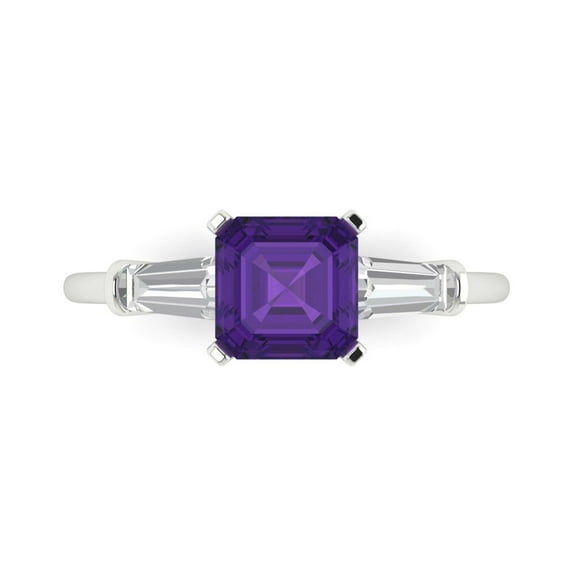 1.62 ctw 3 Stone Anniversary Ring for Women | Square Emerald Cut Natural Amethyst | Hyperallergenic Solid 14K White Gold