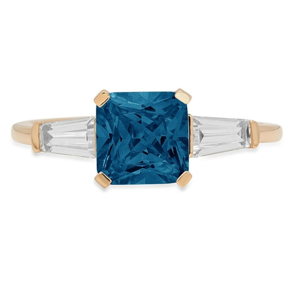 1.62 ct Square Emerald Cut Natural London Blue Topaz 3 Stone 14K Yellow Gold Womens Engagement Ring