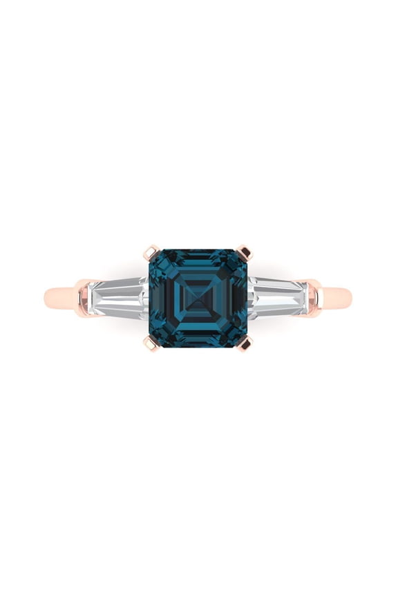 1.62 ct Square Emerald Cut Natural London Blue Topaz Three-Stone Engagement Ring for Women in 18K Rose Gold
