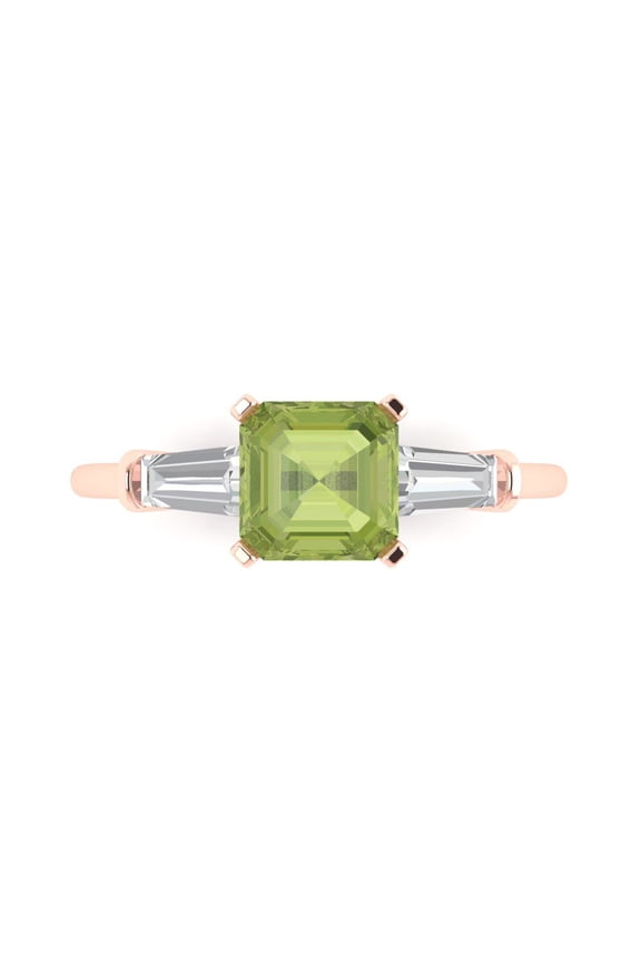1.62 ct Square Emerald Cut Natural Peridot Three-Stone Engagement Ring for Women in 18K Rose Gold