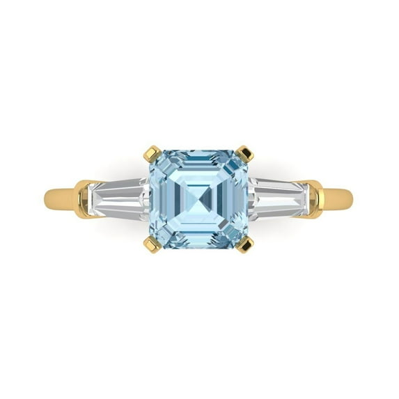 1.62 ct Square Emerald Cut Natural Swiss Blue Topaz 3 Stone 18K Yellow Gold Womens Engagement Ring