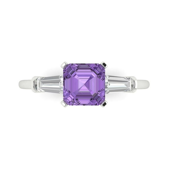 1.62 ctw 3 Stone Anniversary Ring for Women | Square Emerald Cut Simulated Alexandrite | Hyperallergenic Solid 18K White Gold