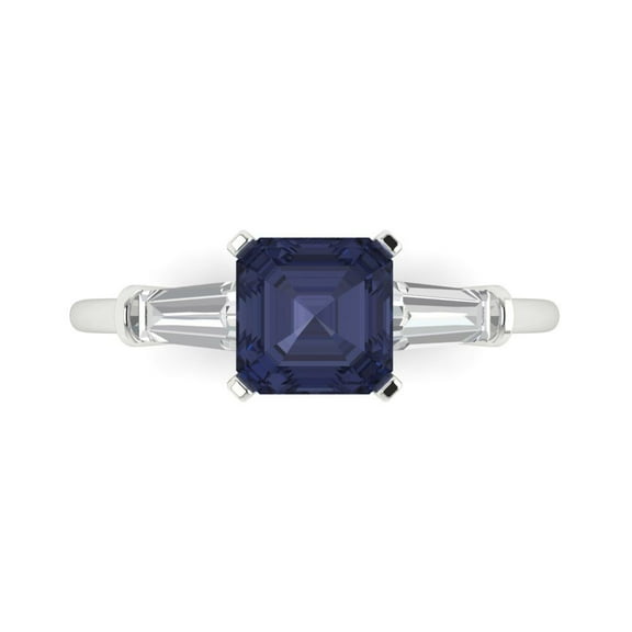 1.62 ctw 3 Stone Anniversary Ring for Women | Square Emerald Cut Simulated Blue Sapphire | Hyperallergenic Solid 14K White Gold