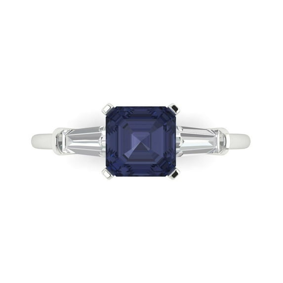 1.62 ctw 3 Stone Anniversary Ring for Women | Square Emerald Cut Simulated Blue Sapphire | Hyperallergenic Solid 18K White Gold