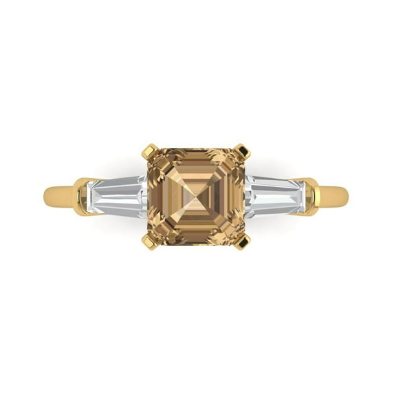 1.62 ct Square Emerald Cut Simulated Champagne Diamond Three-Stone Engagement Ring for Women in 18K Yellow Gold