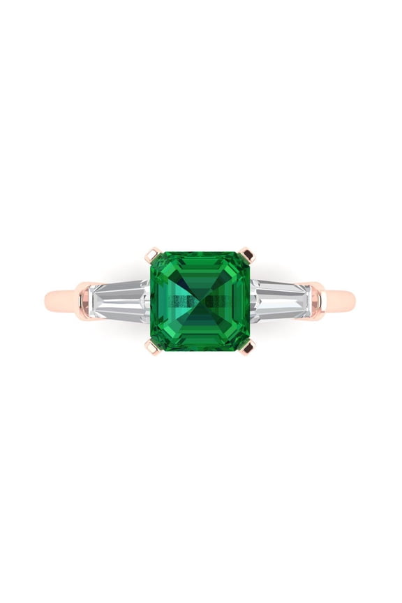 1.62 ctw 3 Stone Anniversary Ring for Women | Square Emerald Cut Simulated Emerald | Hyperallergenic Solid 18K Rose Gold