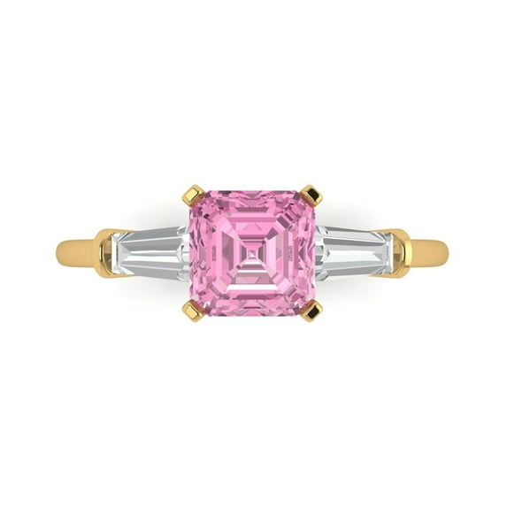 1.62 ct Square Emerald Cut Simulated Pink Diamond Three-Stone Engagement Ring for Women in 18K Yellow Gold
