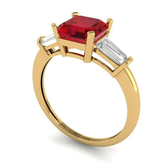 1.62 ct Square Emerald Cut Simulated Pink Tourmaline Three-Stone Engagement Ring for Women in 18K Yellow Gold