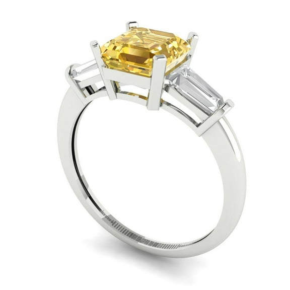 1.62 ct Square Emerald Cut Yellow Moissanite Three-Stone Engagement Ring for Women in 18K White Gold