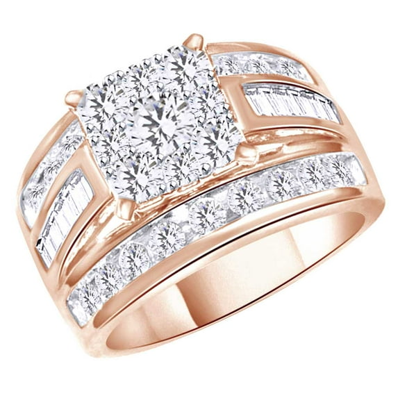 AFFY (1.62 cttw) Round & Baguette Shape White Natural Diamond 3 Row Cluster Ring In 10k Rose Gold Ring Size-13.5