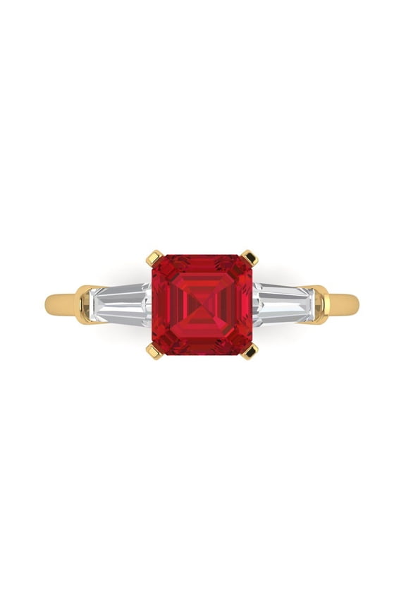 1.62 ct Square Emerald Cut Simulated Ruby Three-Stone Engagement Ring for Women in 14K Yellow Gold