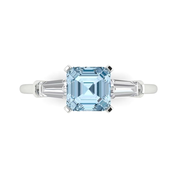 Clara Pucci 14K White Gold Solid Gold Aquamarine Three-Stone Anniversary Ring for Women - 1.62 cttw Square Emerald Cut