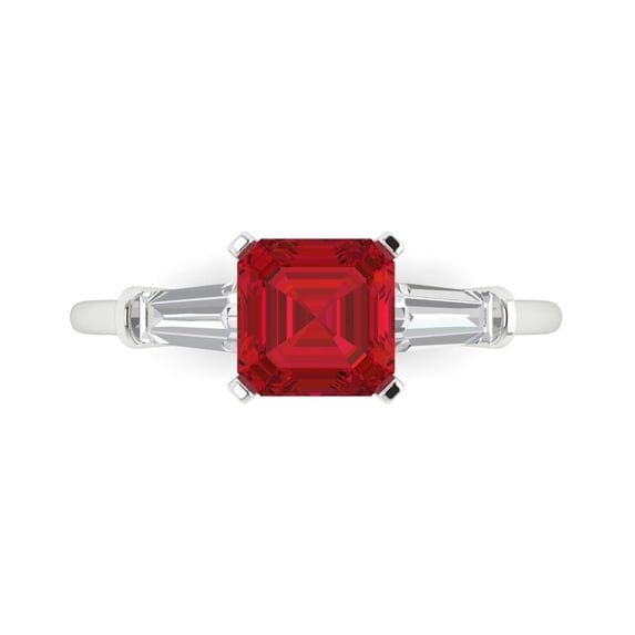 1.62 ctw 3 Stone Anniversary Ring for Women | Square Emerald Cut Simulated Ruby | Hyperallergenic Solid 18K White Gold
