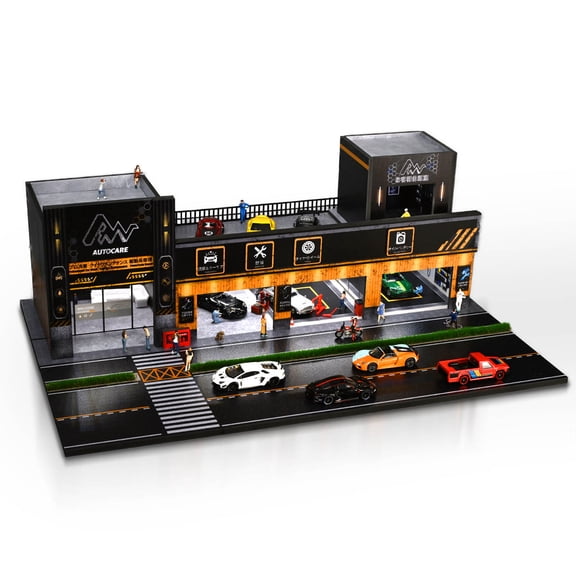 1:64/43 Universal Diorama Big Car Wash Shop Showroom Garage Scene, 3-Color LED City Street Parking Lot Scene Display Case, Workshop Diecast Car Building Model