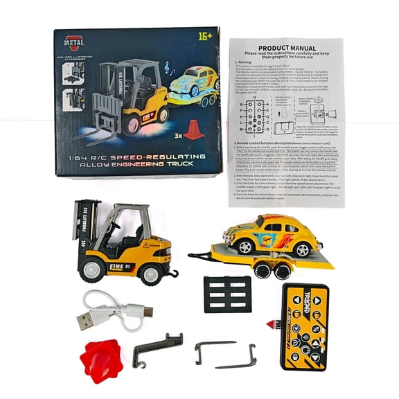 1/64 Alloy RC Forklift Engineering Vehicle With Trailer 2.4G Remote Control Construction Truck Sound Light Adjustable Speed Lifting Fork Industrial Model Set For Adults Hobbyists - Earth yellow