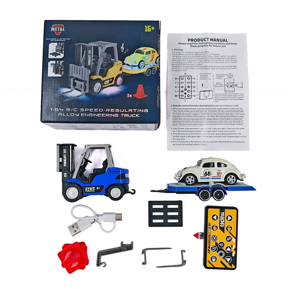 1/64 Alloy RC Forklift Engineering Vehicle With Trailer 2.4G Remote Control Construction Truck Sound Light Adjustable Speed Lifting Fork Industrial Model Set For Adults Hobbyists - Dark Blue