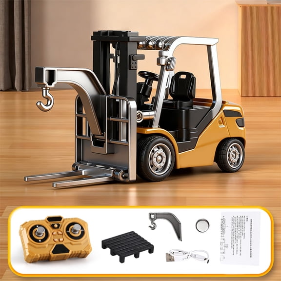 1:64 Alloy Remote Control Forklift Bluetooth and 2.4G Wireless Simulation Vehicle with Lifting Fork Rotating Hook, Rechargeable USB Battery Realistic Construction Model