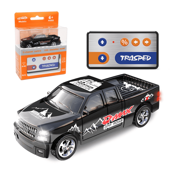 1:64 Black Remote Control Toy Cars for Kids 2.4Ghz Adjustable Speed Scale Alloy Pickup RC Trucks with Trailer and Car Lights, USB-C Recharging, Easy to Operate, Festive Gift for Children, Boys, Girls