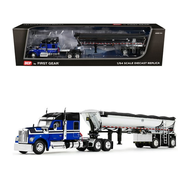 Kenworth W990 76" Mid-Roof Sleeper and MAC Half Round End Dump Trailer Blue and Black 1/64 Diecast Model by DCP/First Gear