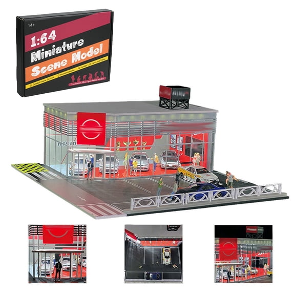 1/64 Building Scene Model, Realistic DIY Miniature Car Dealership Diorama Kit with 2 Random Alloy Figures/Lights, Car Showroom, Excludes Vehicles Tools, Home Decor