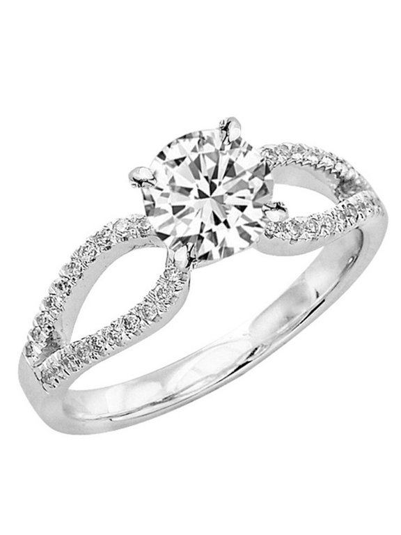 1.64 Carat t.w. ROUND Shape/Center Silver Split Shank Curved Pave Set CZ Engagement Ring