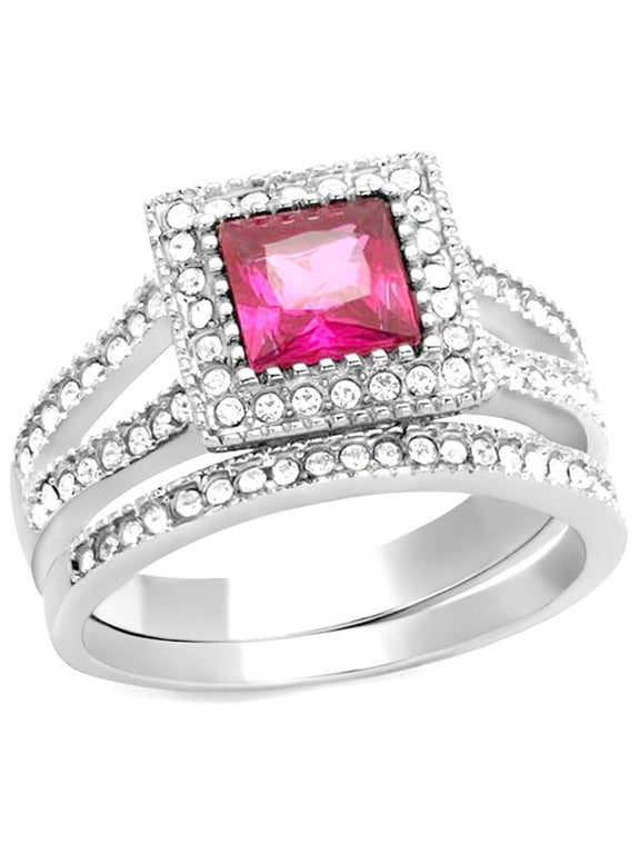 1.64 Ct Princess Cut Ruby Zirconia Stainless Steel Halo Wedding Ring Set Size 10