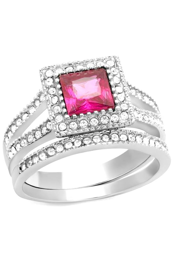 1.64 Ct Princess Cut Ruby Zirconia Stainless Steel Halo Wedding Ring Set Size 5