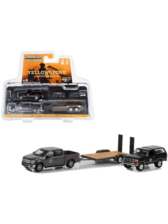 1/64 Diecast Model 2018 Ford F-150 Pickup Truck Gray 1992 Ford Bronco "Montana Livestock Association" Black Flatbed Car Trailer TV Series "Hollywood Hitch & Tow" Series 11 Cars Greenlight