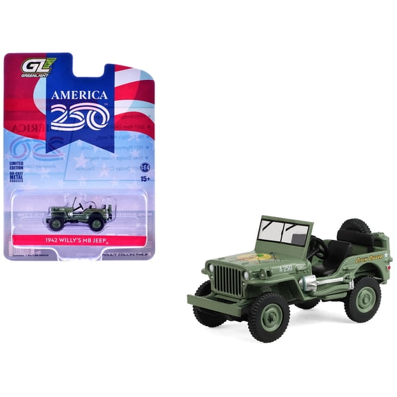 1/64 Diecast Model Car 1942 Willys MB Jeep Olive Green "America 250 Edition" "Anniversary Collection" Series 18 by Greenlight