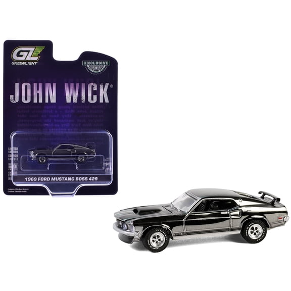 1/64 Diecast Model Car 1969 Ford Mustang Boss 429 Silver Chrome Edition with Black Stripes "John Wick" (2014) Movie "Hobby Exclusive" Series by Greenlight