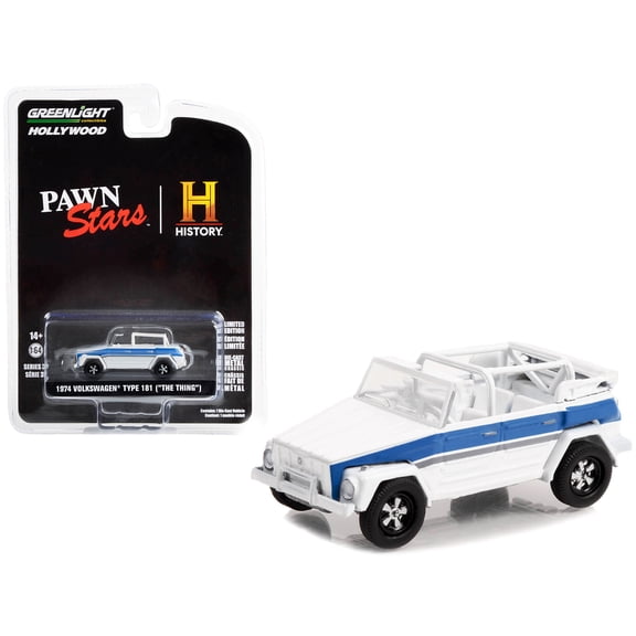 1/64 Diecast Model Car 1974 Volkswagen Thing (Type 181) White with Blue Stripes "Pawn Stars" (2009-Current) TV Series "Hollywood Series" Release 37 by Greenlight