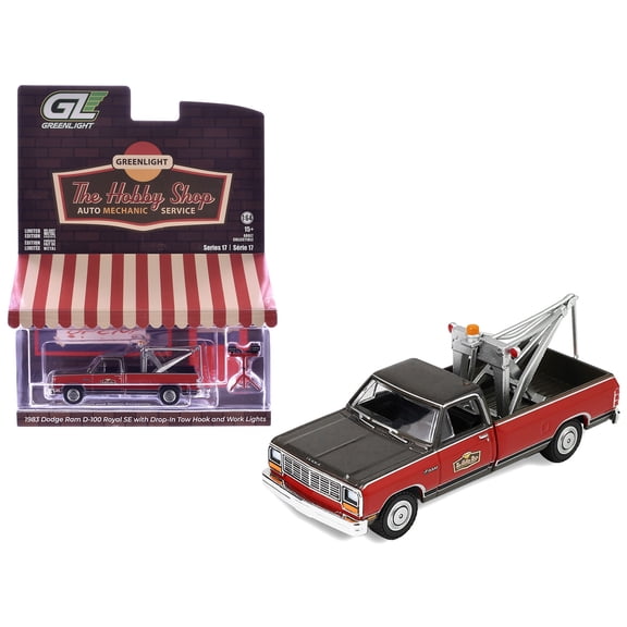 1/64 Diecast Model Car 1983 Dodge Ram D-100 Royal SE Tow Truck with Drop-In Tow Hook "Hobby Shop Auto Mechanic" Brown and Red with Work Lights "The Hobby Shop" Series 17 by Greenlight
