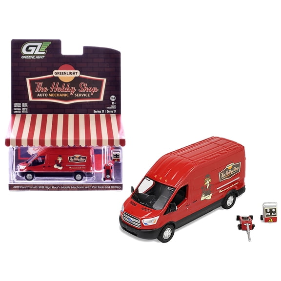 1/64 Diecast Model Car 2019 Ford Transit LWB High Roof Van "Hobby Shop Auto Mechanic - Mobile Mechanic" Red with Car Jack and Battery "The Hobby Shop" Series 17 by Greenlight