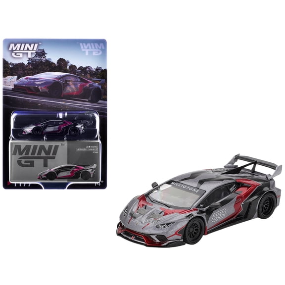 1/64 Diecast Model Car Lamborghini Huracan GT LB-WORKS "RONIN" Gray Metallic with Black and Red Graphics by Mini GT
