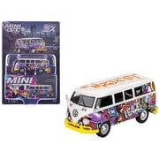 1/64 Diecast Model Car Volkswagen T1 Microbus "Mizu Design" White with Graffiti Graphics Limited Edition by Mini GT