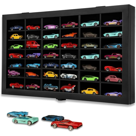 1/64 Diecast Toy Car Display Case , Wall-Mounted Model Car Storage Cabinet, Holds Up to 42 Cars (Black)